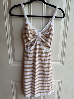Aerie Striped Knit Festival boho Cutout Bow-Front Tank Dress White & Tan Size S